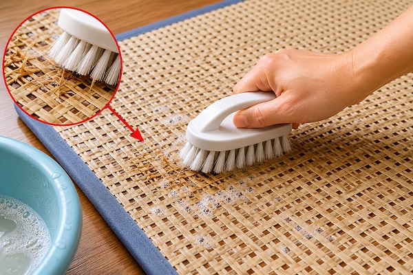 Dùng bàn chải chà mạnh lên chiếu là sai lầm thường gặp khi vệ sinh chiếu